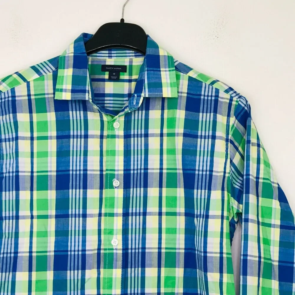 Tommy Hilfiger Boys 18 Dress Shirt Blue Green Plaid Long Sleeve Button Up BV4